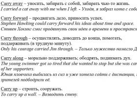 Фразовый глагол Carry: перевод на русский, carry on, out, off — использование с предлогами